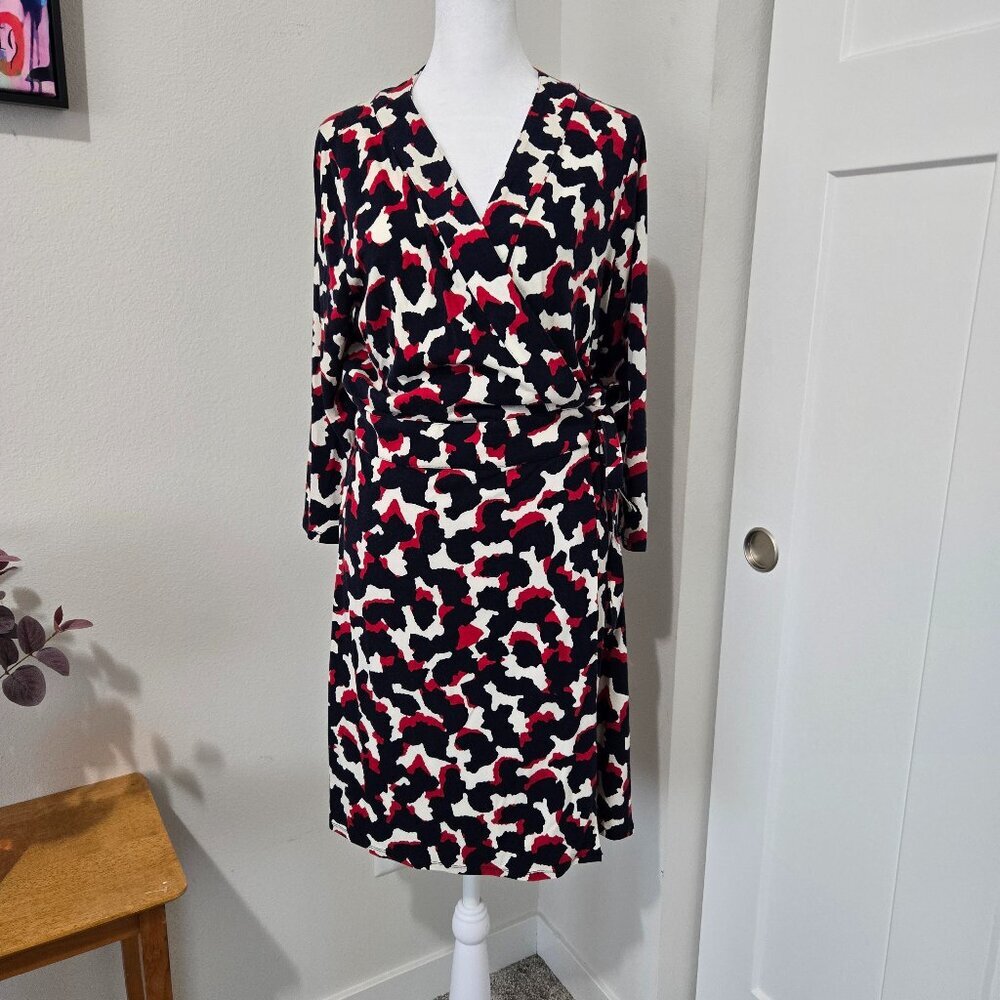Ann Taylor V-Neck Wrap Dress Navy Red Cream Rayon Spandex Blend - 12P